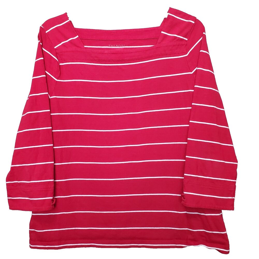 Talbots 100% Cotton Red Striped Square Neck 3/4 Sleeve Top Size Medium
